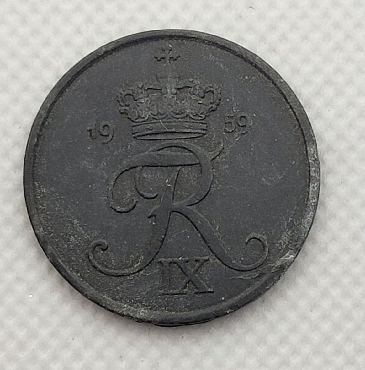 🪙denmark 5 Ore Coin, 1959  Zinc. Monogram Of Frederik Ix.🪙